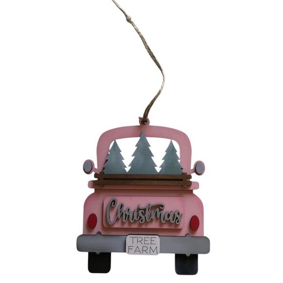 Whimsical Pink “Christmas Tree Farm” Truck Ornament - Pink Hand Painted Wood - Picture 2 of 4